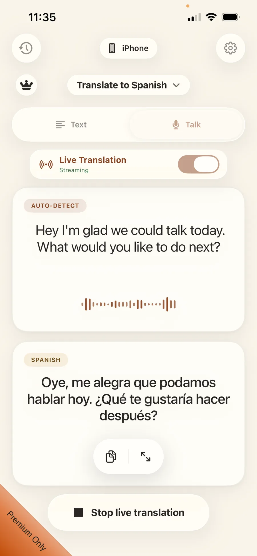 Sema Premium Live Translation translating English to Spanish in light mode